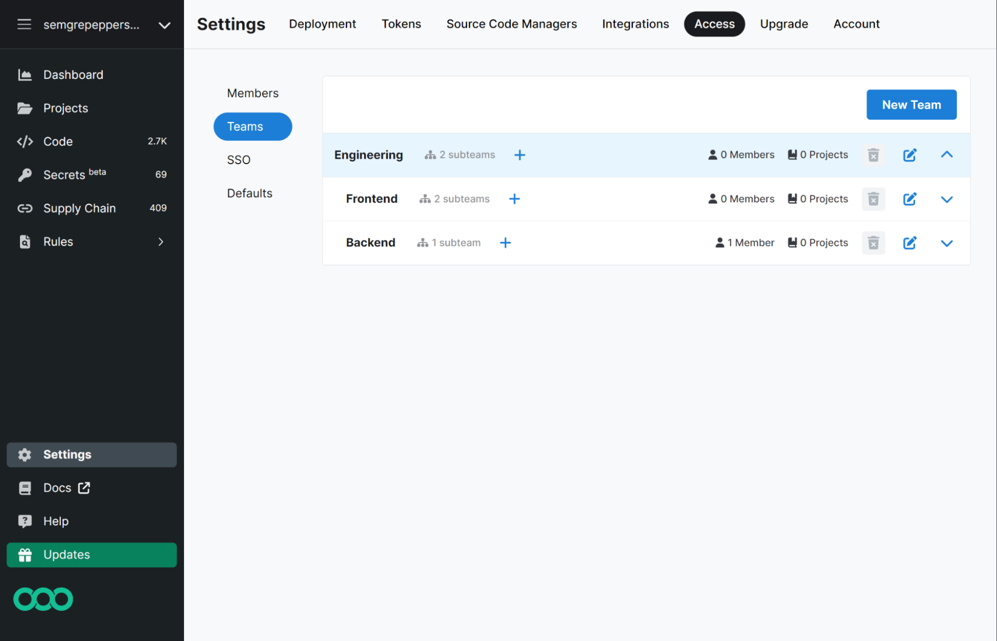 The Teams tab within the Settings page