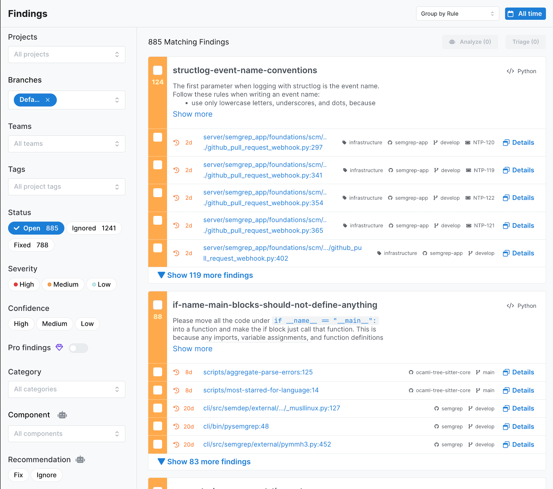 Screenshot of the Findings page with findings grouped by rule