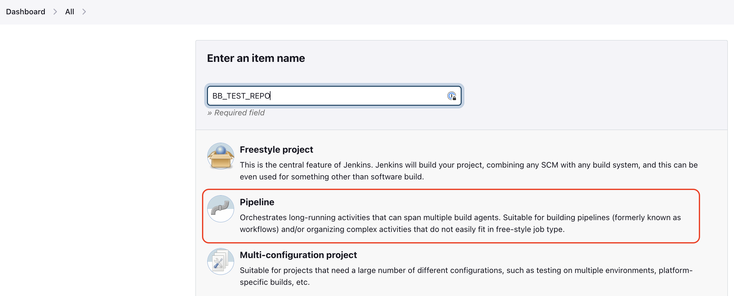 Filled-out item name and Pipeline option