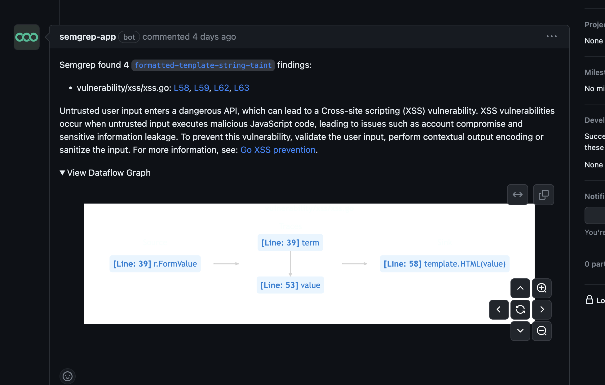 Screenshot of a GitHub PR comment with dataflow traces