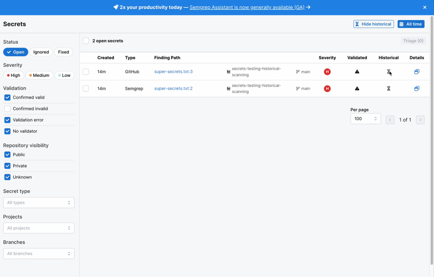Historical secrets in Semgrep AppSec Platform