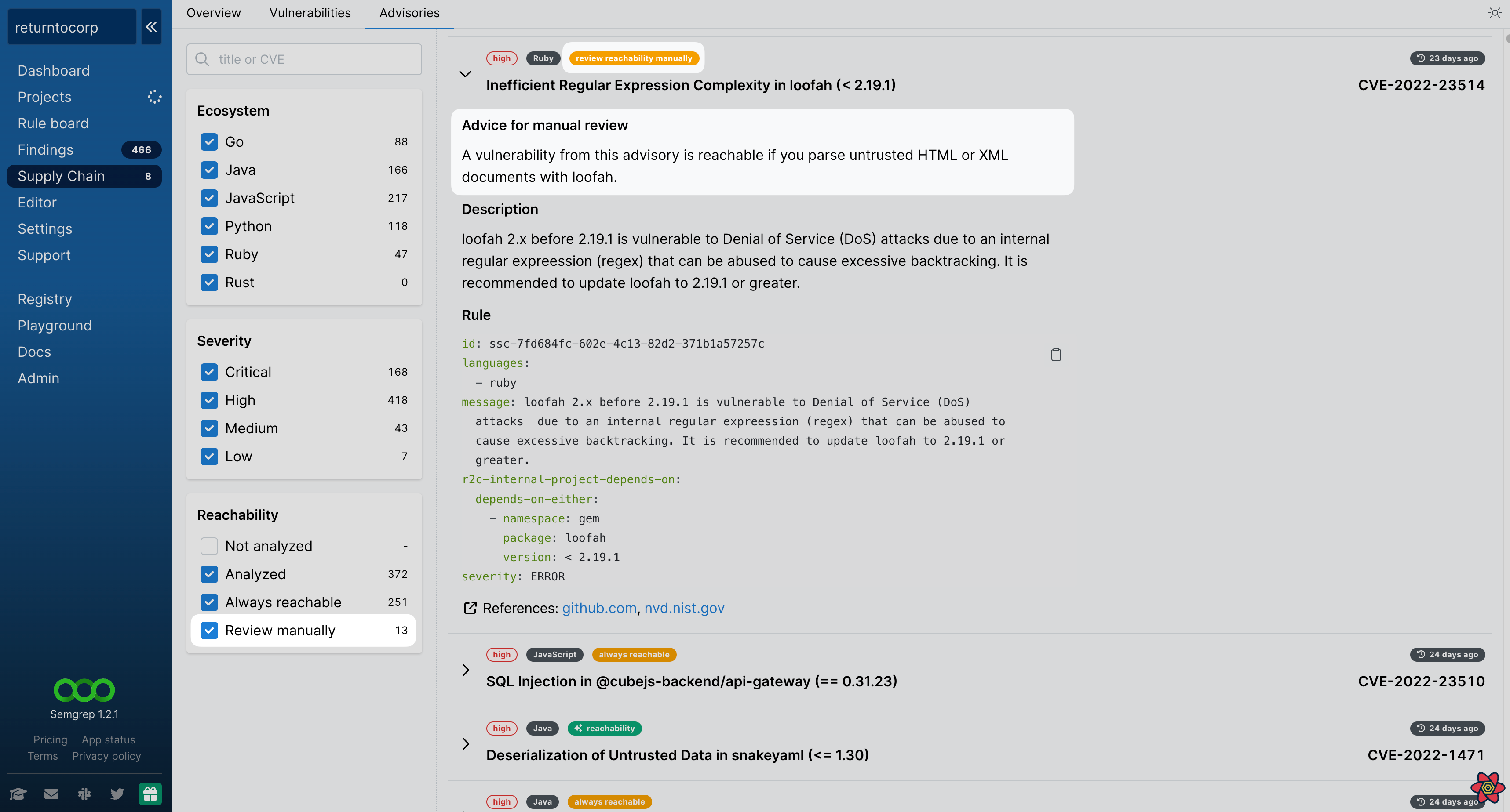 Semgrep App Advisories, Reachability review manually