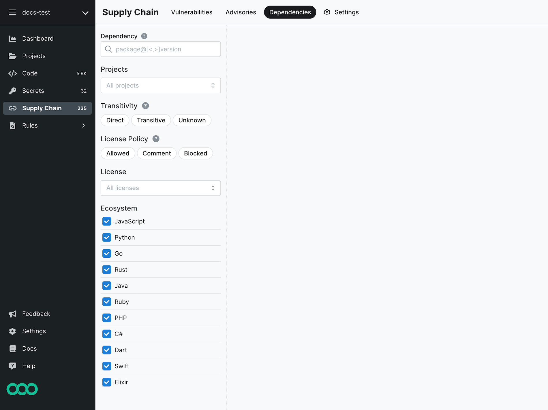 Semgrep Supply Chain Dependencies tab