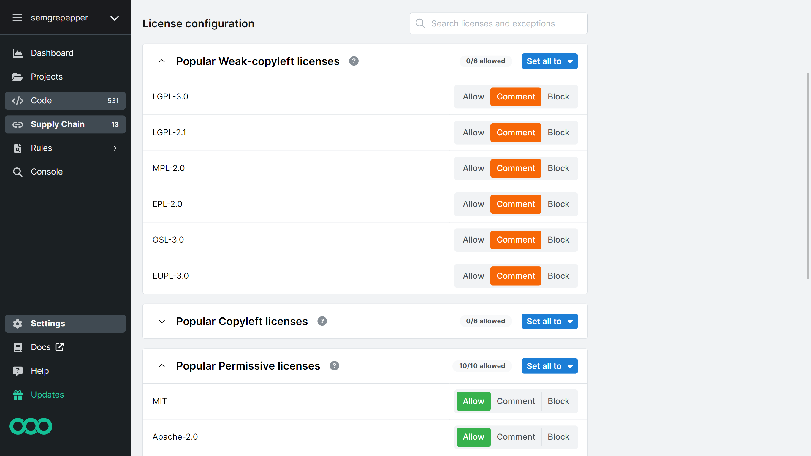 Screenshot of license configuration section