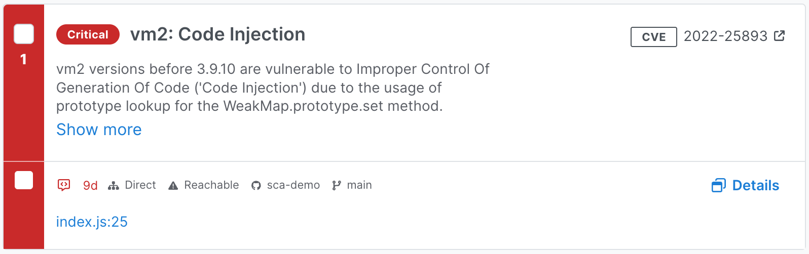 A single vulnerability entry in Semgrep Supply Chain