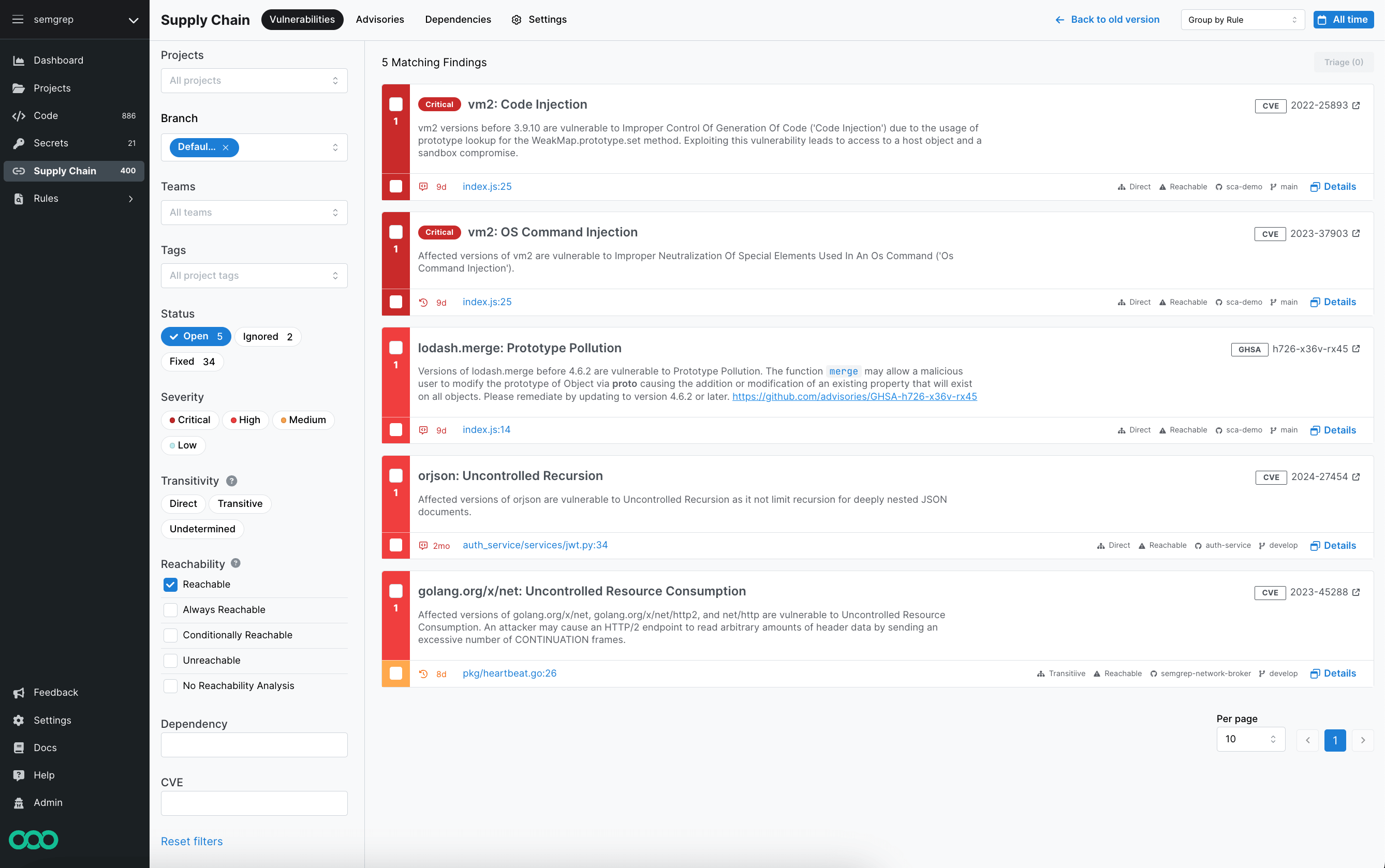 Semgrep Supply Chain Vulnerabilities page