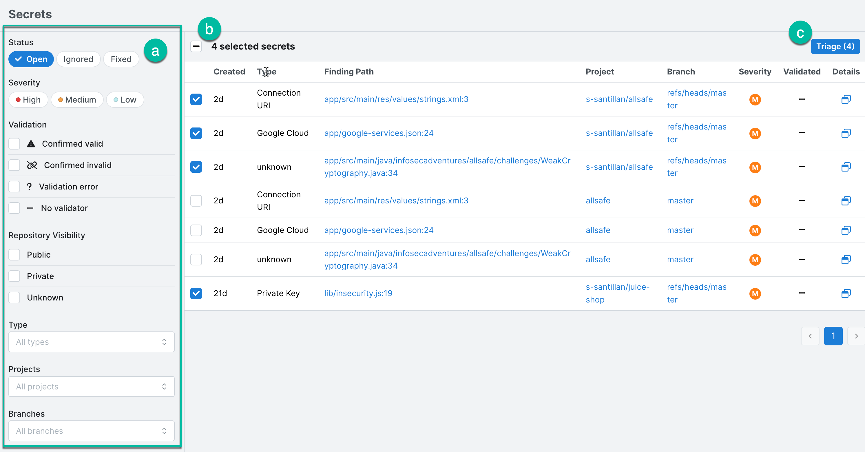 Secrets page and relevant triaging elements.