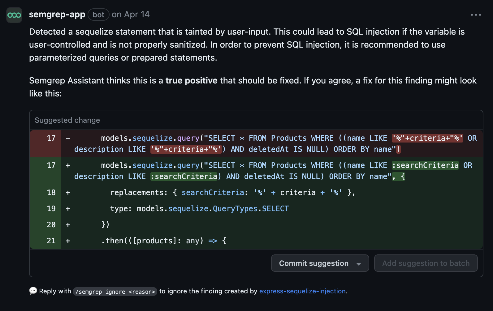 Semgrep Assistant generating a potential fix in a comment