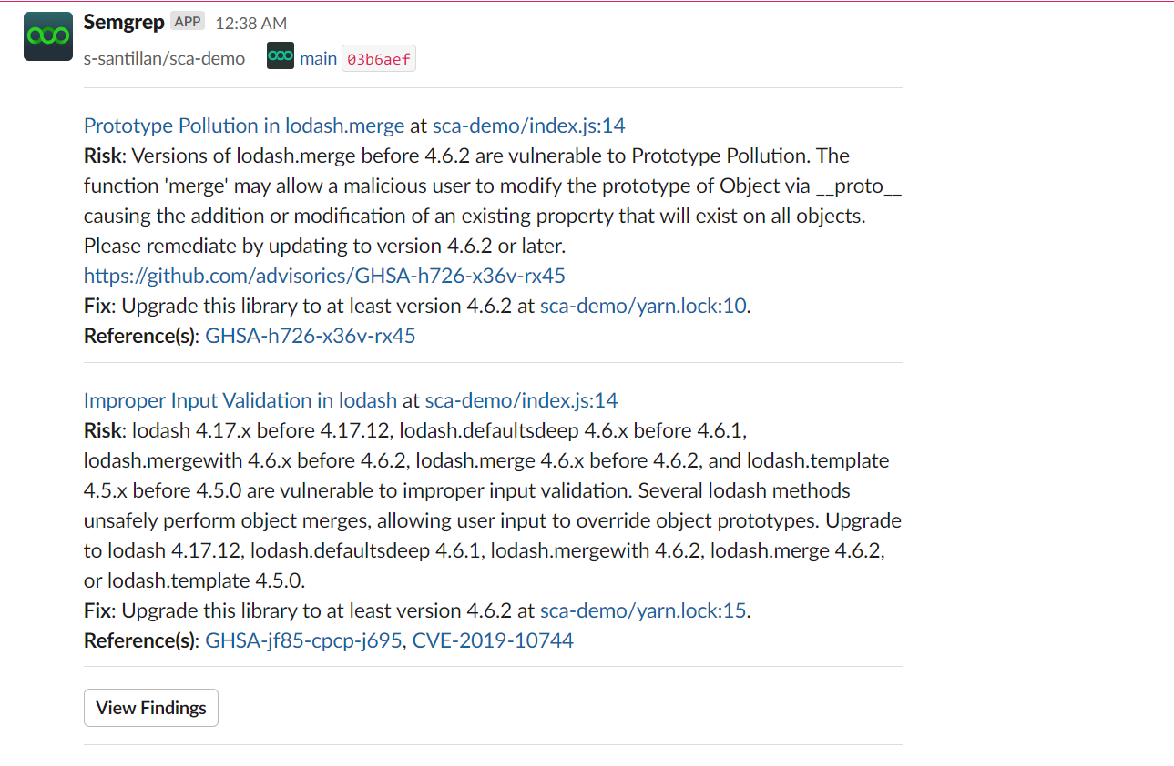 Message from Semgrep Slack app consolidating findings after a scan